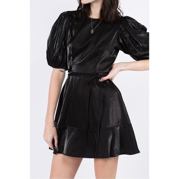NWT Whiteroom + Cactus Black Satin Puff Sleeve Mini Dress - Picture 2 of 8